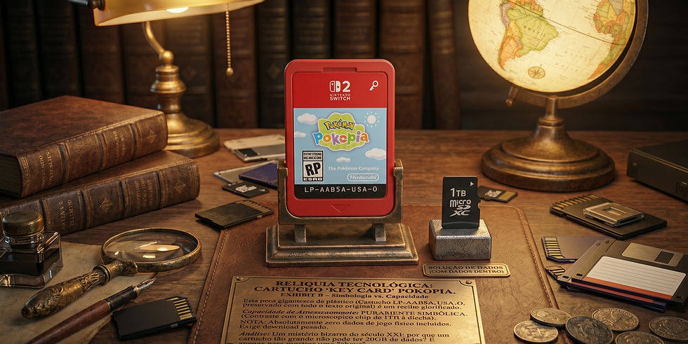 Cartucho vermelho com capa de jogo "Pokémon Pokopia" em uma mesa antiga com livros, globo, moedas e cartão microSD, iluminação suave.