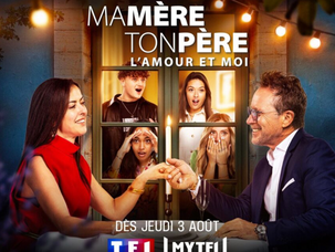 On voit un couple assis autour d'une table avec des enfants derrière eux. Le titre de l'émission "ma mère ton père et moi" et le logo TF1
montage son, mixage son, sound design, robinson, lyon, paris, France