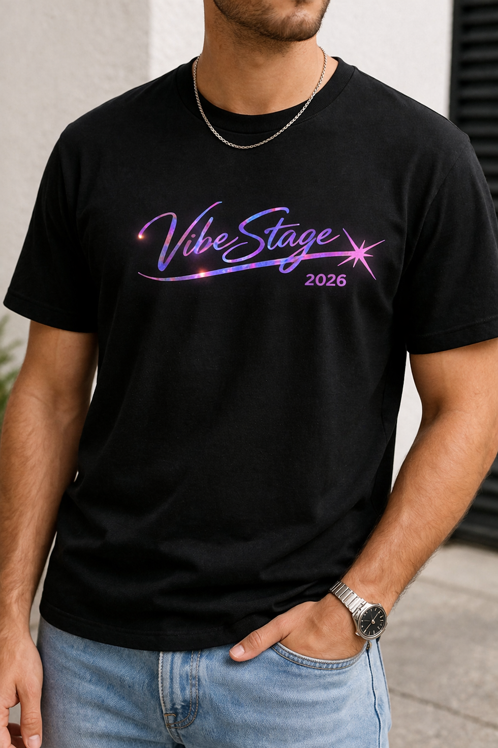 Thumbnail: VibeStage Official 2026 ADULT T-Shirt - Holographic Edition Centered