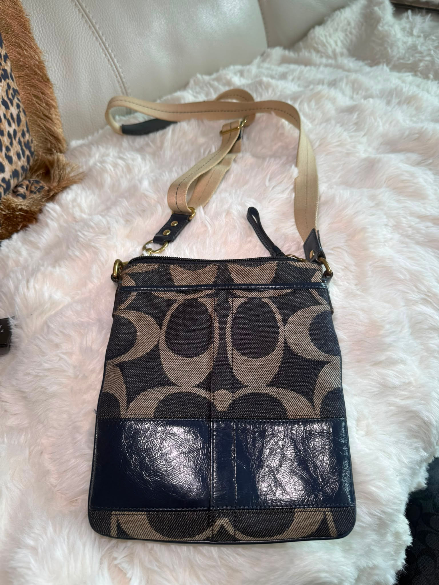 Authentic Coach Signature Crossbody Bag – Navy & Beige Denim