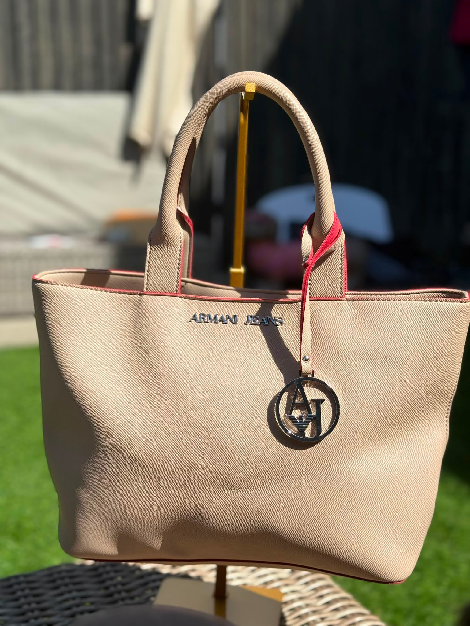 Armani Jeans Beige Tote Bag – Red Interior – AJ Charm