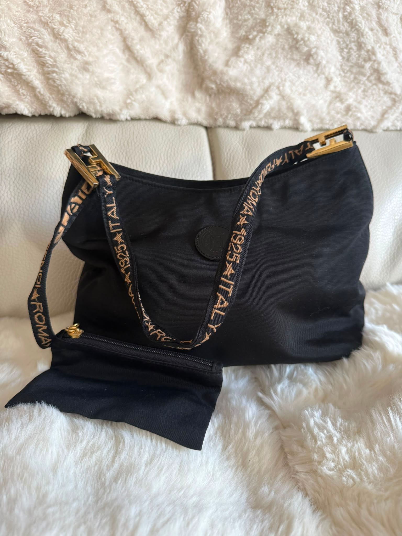Fendi Black Nylon Shoulder Bag with Matching Pouch