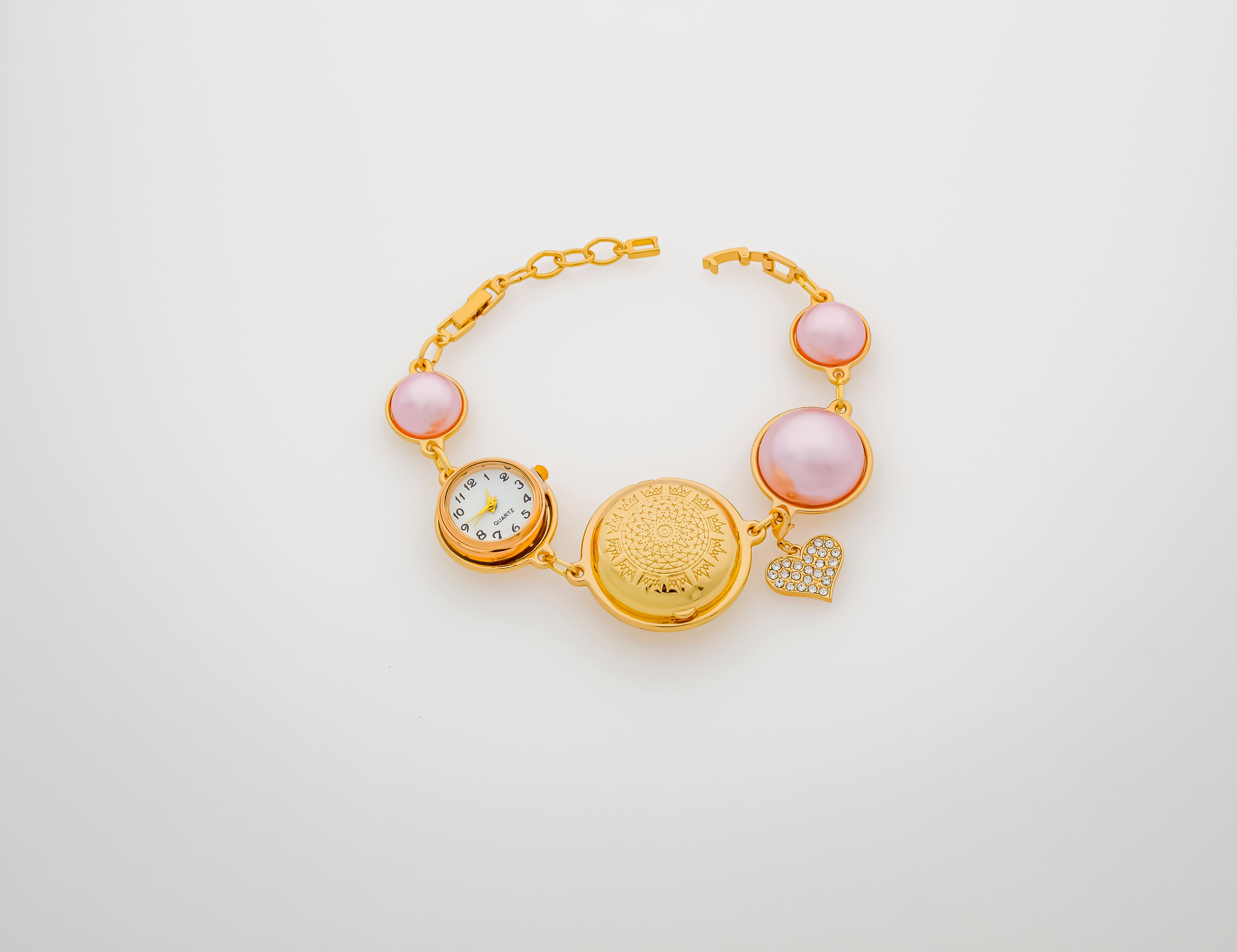 PINK & GOLD Locket Bracelet with design top & Watch