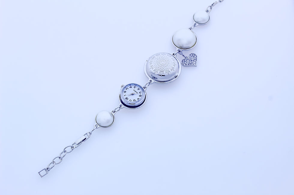 Thumbnail: WHITE SILVER Locket Bracelet with designed top & Watch