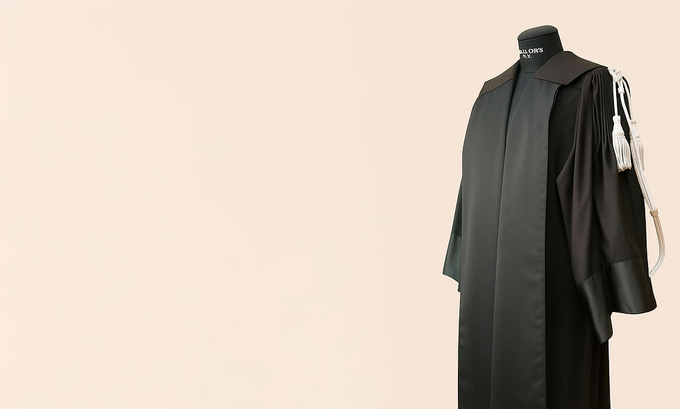 Elegant black robe on a mannequin, TOGHE DA AVVOCATO, against a beige background.