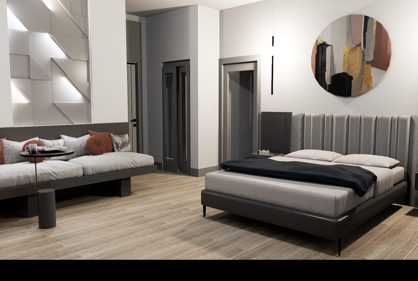 A cozy and stylish living room with bright blue and white traditional Greek island architecture visible through large windows. The interior features a modern orange and white sofa, elegant gold floor lamps, a wooden coffee table, and a bookshelf filled with books. Blue accents and Mediterranean elements create a warm, inviting atmosphere. This image was generated using ArchiVinci AI.