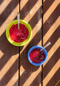 Jello in bowls on a picnic table