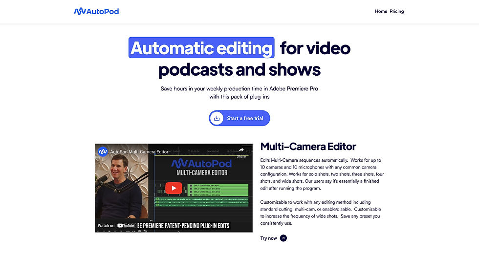 A screenshot of AutoPod’s homepage showcasing its automated video editing and multi-camera switching features.
