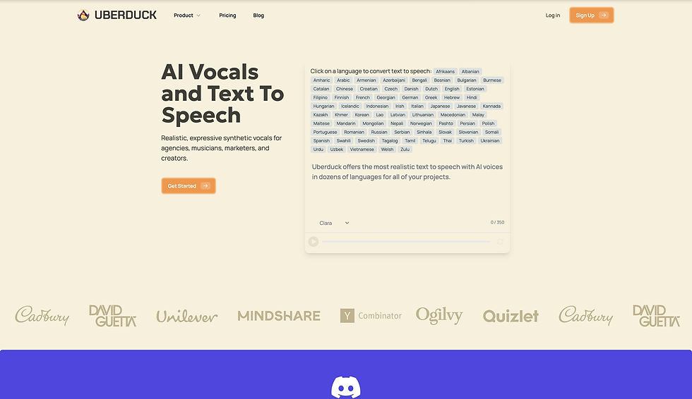 Screenshot of Uberduck AI homepage showcasing its text-to-speech and voice cloning capabilities.