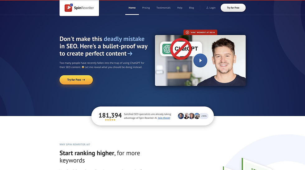 SpinRewriter homepage showcasing advanced AI article spinning features for SEO professionals.