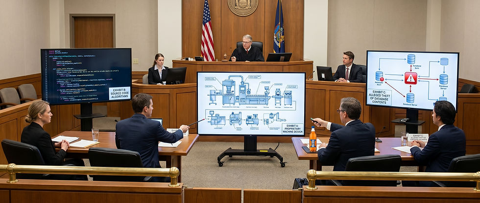 A fake court room with code and processes