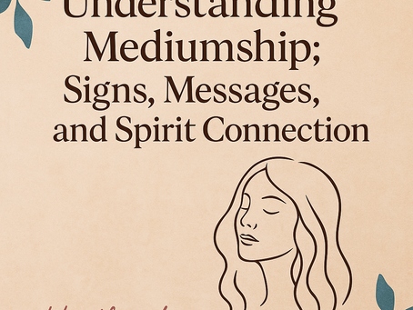 A blog graphic titled "Understanding Mediumship: Signs, Messages, and Spirit Connection" featuring soft neutral tones and spiritual illustration consistent with Heather Lena’s brand identity.