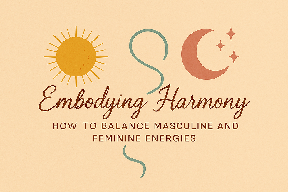 A 2D digital illustration with a beige background featuring the title "Embodying Harmony" in elegant brown script and the subtitle "How to Balance Masculine and Feminine Energies" in a modern sans-serif font. A golden-orange sun represents masculine energy, a dusty rose moon with stars symbolizes feminine energy, and a flowing teal S-curve connects them—conveying spiritual balance, soul alignment, and holistic well-being.