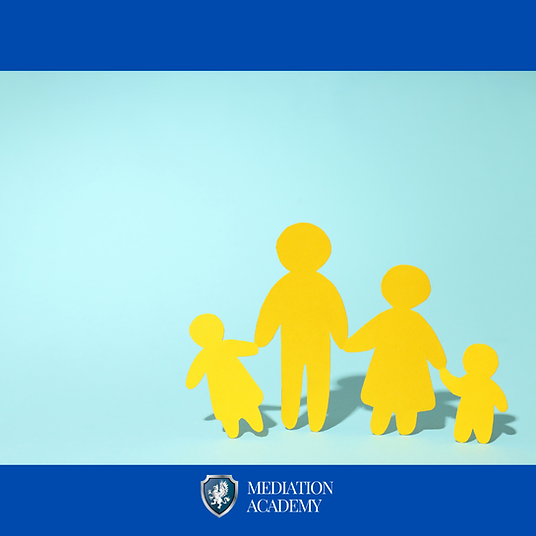 Yellow paper cut-out family on a light blue background symbolising unity and family mediation. Mediation Academy logo and text visible in blue border.