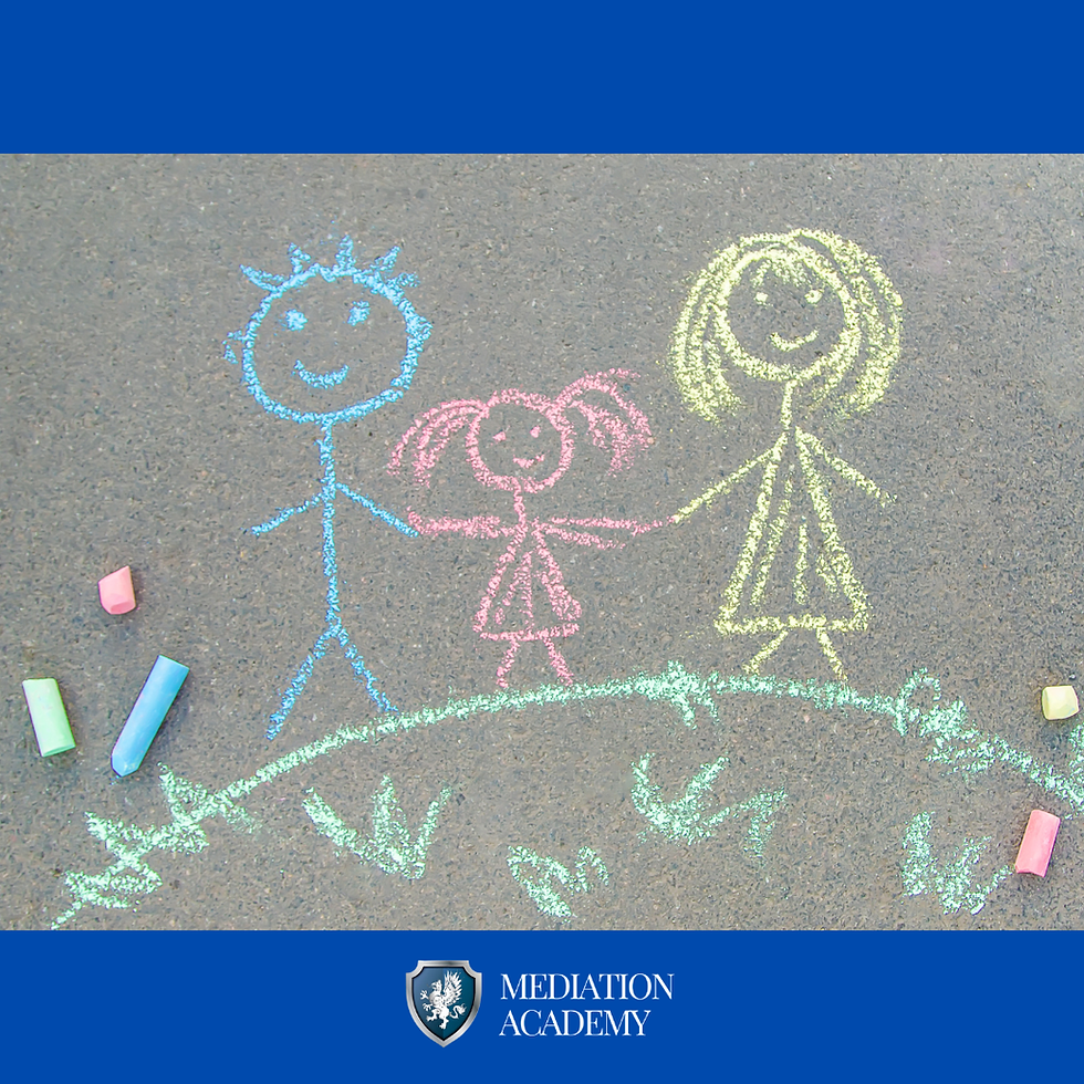 Childlike chalk drawing of a smiling family on pavement with coloured chalk pieces, representing child-inclusive mediation in South Africa. Mediation Academy SA text below.