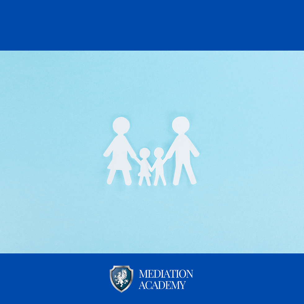 White paper cutout family on a light blue background symbolising co parenting unity, with Mediation Academy shield logo at the bottom centre.