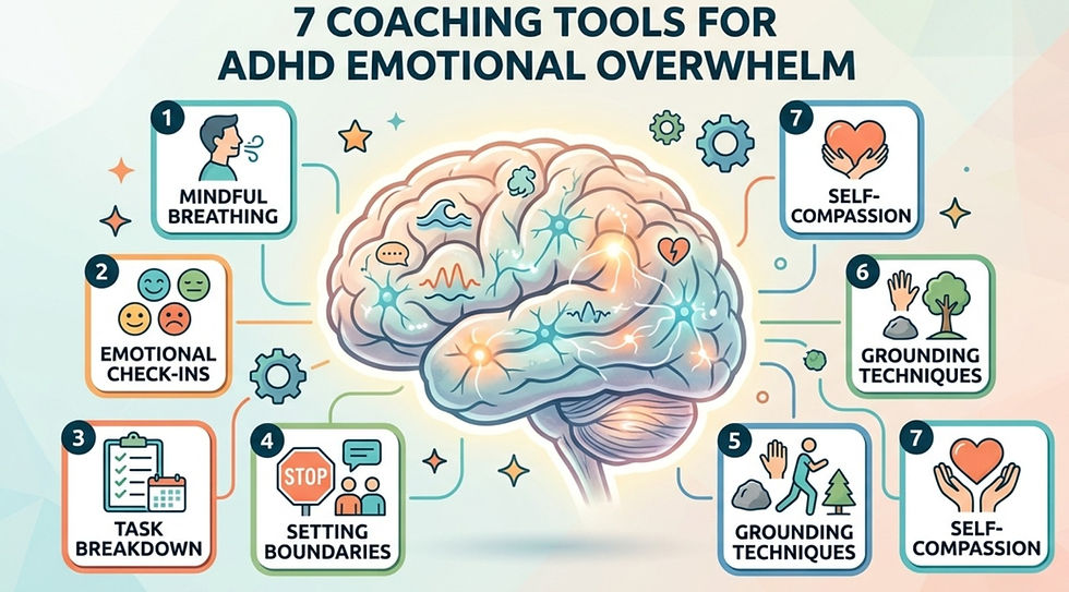 an infographic titled "7 coaching tools for adhd emotional overwhelm." the image features a central illustration of a brain surrounded by seven numbered tools, each with a representative icon: 1. mindful breathing, 2. emotional check-ins, 3. task breakdown, 4. setting boundaries, 5. grounding techniques, 6. grounding techniques (repeated), and 7. self-compassion (repeated). the design uses soft colors and simple graphics to outline strategies for managing overwhelm.