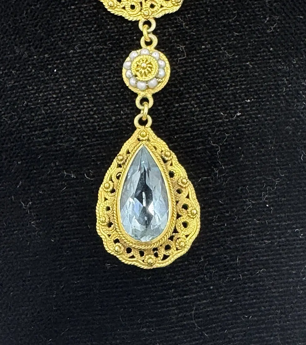Thumbnail: Edwardian Aquamarine and Seed Pearl Filigree Necklace 15"