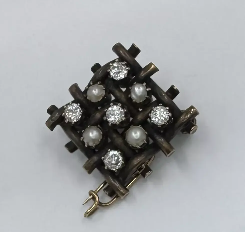 Thumbnail: Antique Brooch With Old European Diamonds And Pearls 14k