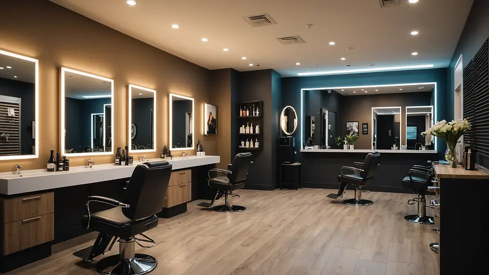 Eye-level view of a sleek hair salon interior