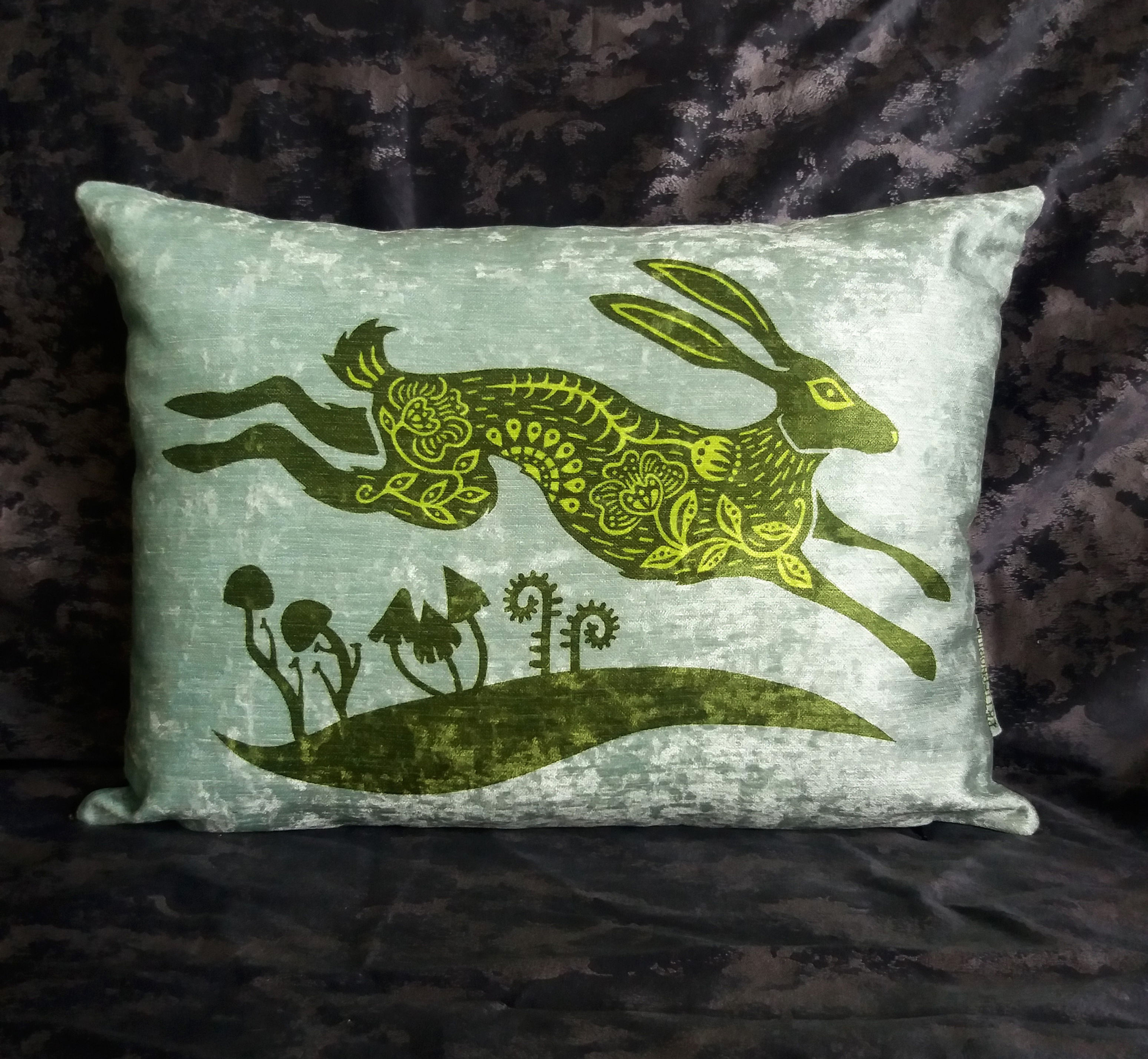 Velvet cushion - Midsummer Folk Hare - green
