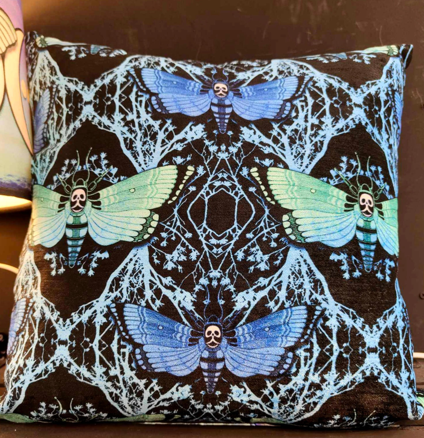 Ghost moth repeat Cushion - Blue and Turquoise