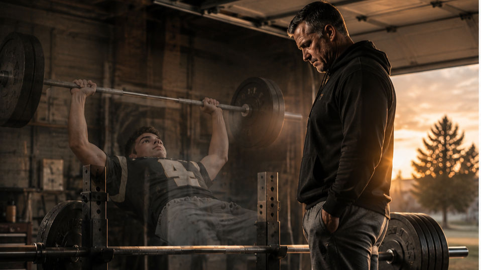 Middle-aged man reflecting beside a loaded Olympic barbell in a garage gym as a younger version of himself benches in a symbolic double exposure representing the changing meaning of strength.