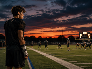 High school football player with an injured hand standing on the sideline while teammates practice, representing recovery and using an unexpected setback productively.