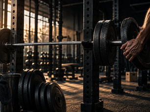 Mature athlete deliberately removing weight from a loaded barbell during a planned deload, representing disciplined recovery.