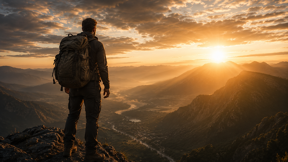 "A man carrying a heavy pack stands on a mountain ridge at sunrise, symbolizing responsibility and purpose."