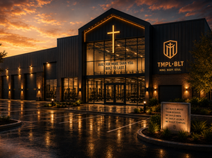 Cinematic rendering of the future Temple Built facility illuminated at sunset, representing the journey of faith, obedience, and building something meaningful before it physically exists.