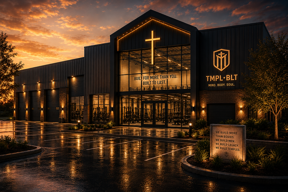 Cinematic rendering of the future Temple Built facility illuminated at sunset, representing the journey of faith, obedience, and building something meaningful before it physically exists.