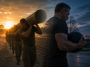 A symbolic double-exposure image showing Marine recruits carrying a telephone pole blended with a man carrying a slam ball in a driveway, representing stewardship, perseverance, and lifelong responsibility.