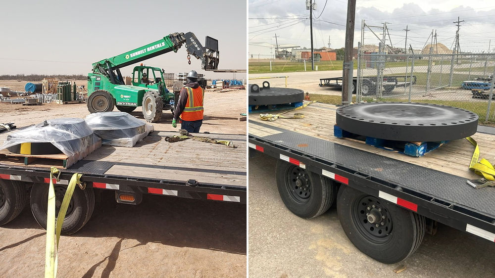 Wrapped blinds being unloaded from a Bearce Industrial trailer on a job site, and large blind flanges strapped to a trailer