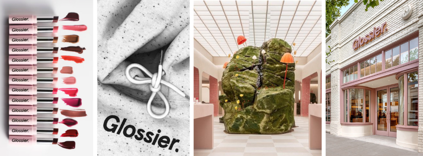 Lipstick shades, a drawstring bag with "Glossier" text, an indoor green sculpture with orange accents, and a storefront with "Glossier" logo.