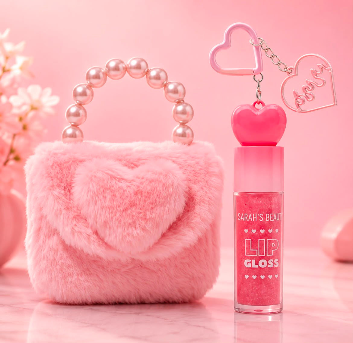 Gloss Labial Sarah’s Beauty com Chaveiro e Mini Bolsinha de Pelúcia