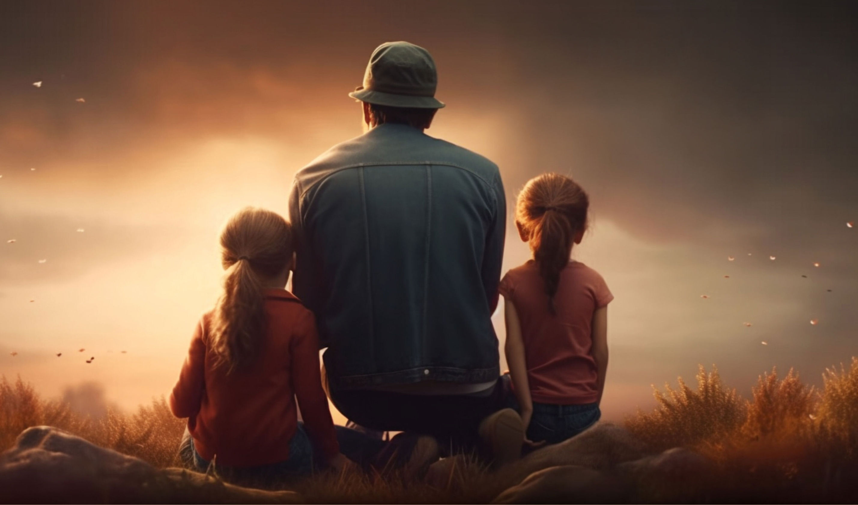 Adult with two children watching a glowing sunset