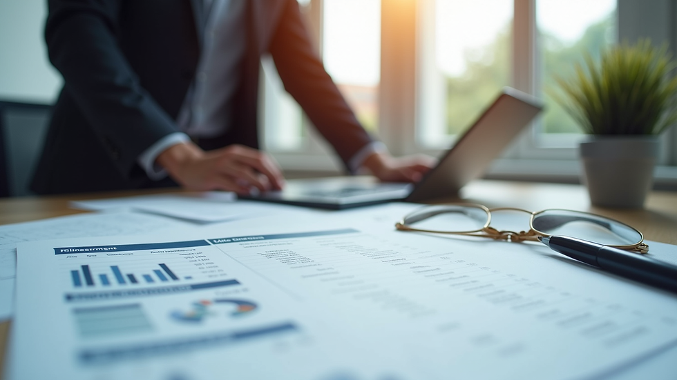 Eye-level view of a financial planner's desk with investment documents