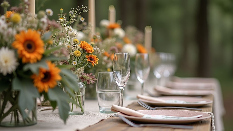 Close-up view of a rustic wedding table setting with seasonal flowers and simple decor