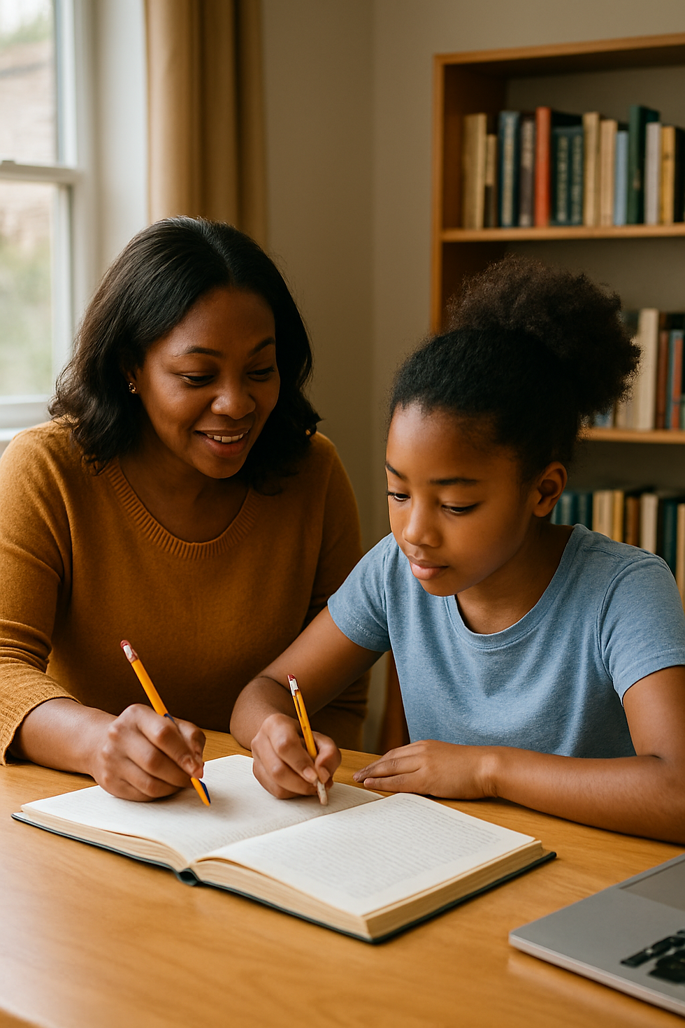 Woman in yellow sweater helps girl in blue shirt with homework at a wooden table. Bookshelf and window in the background, calm mood.