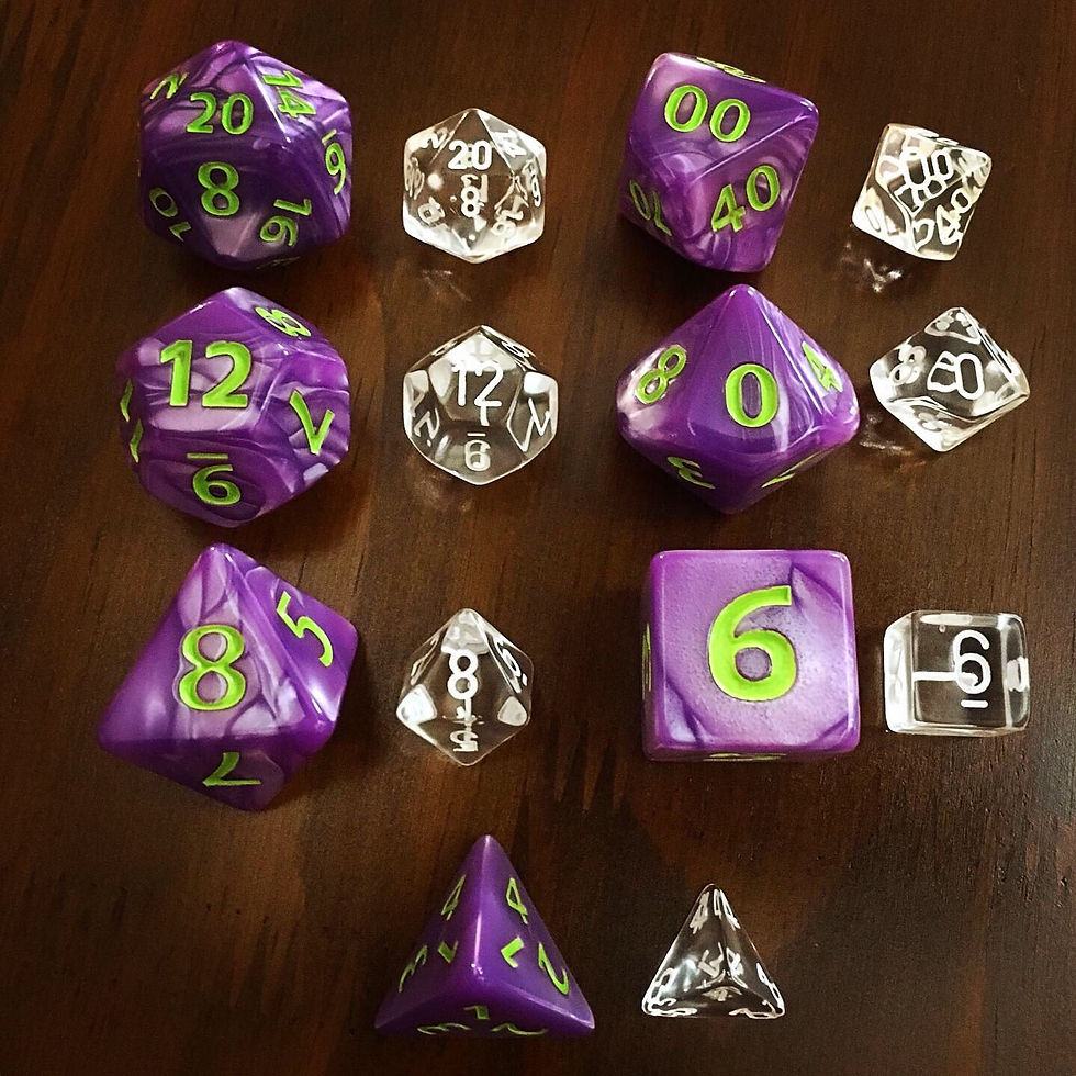 Thumbnail: Set of purple oversized dice next to standard size.