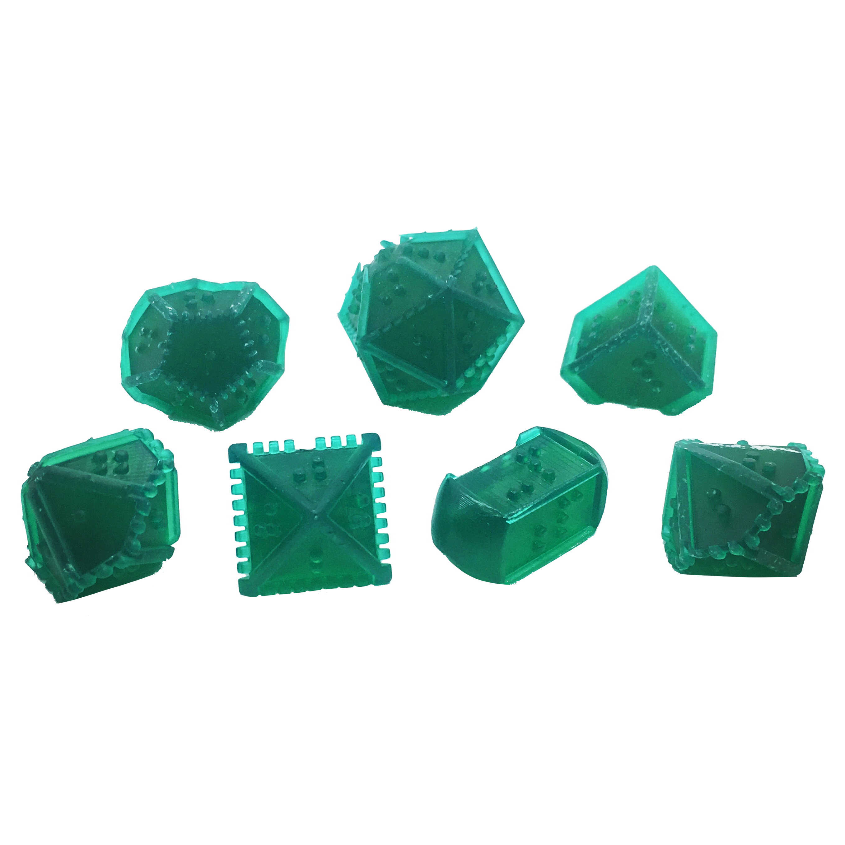 Set of 7 braille dice with varying degrees of damage: missing pieces, broken edges, etc.