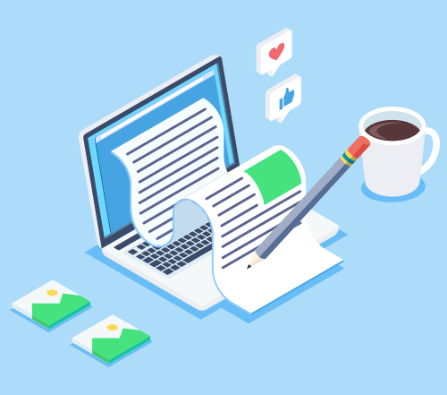 Cartoon of laptop with paper, pencil, coffee cup, pictures, and heart and thumbs up reactions.