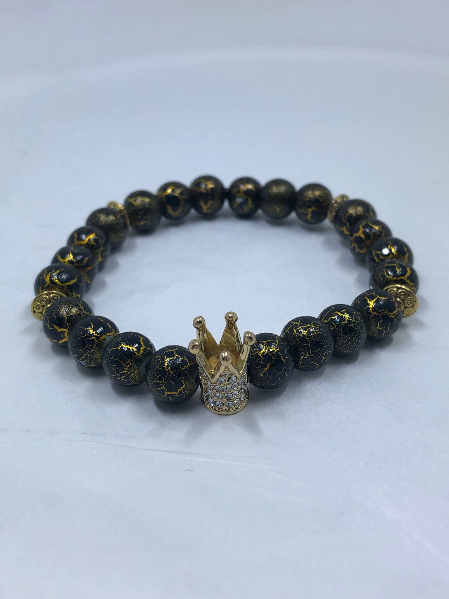 Crown Me King Black/Gold Marble Glass Beaded Bracelet