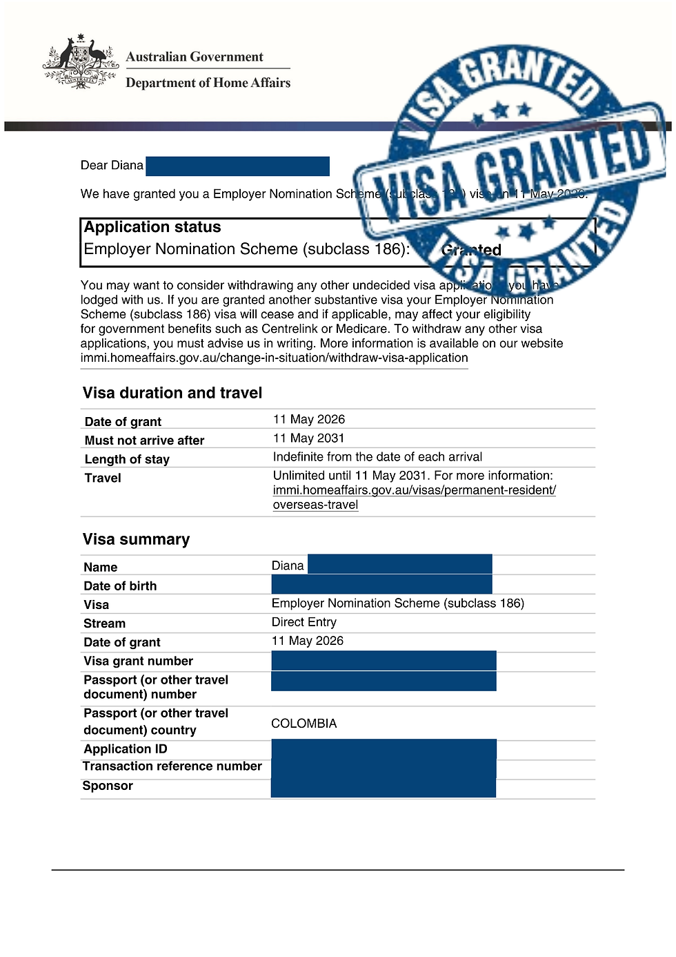 Diana's Employer Nomination Scheme Visa Approved