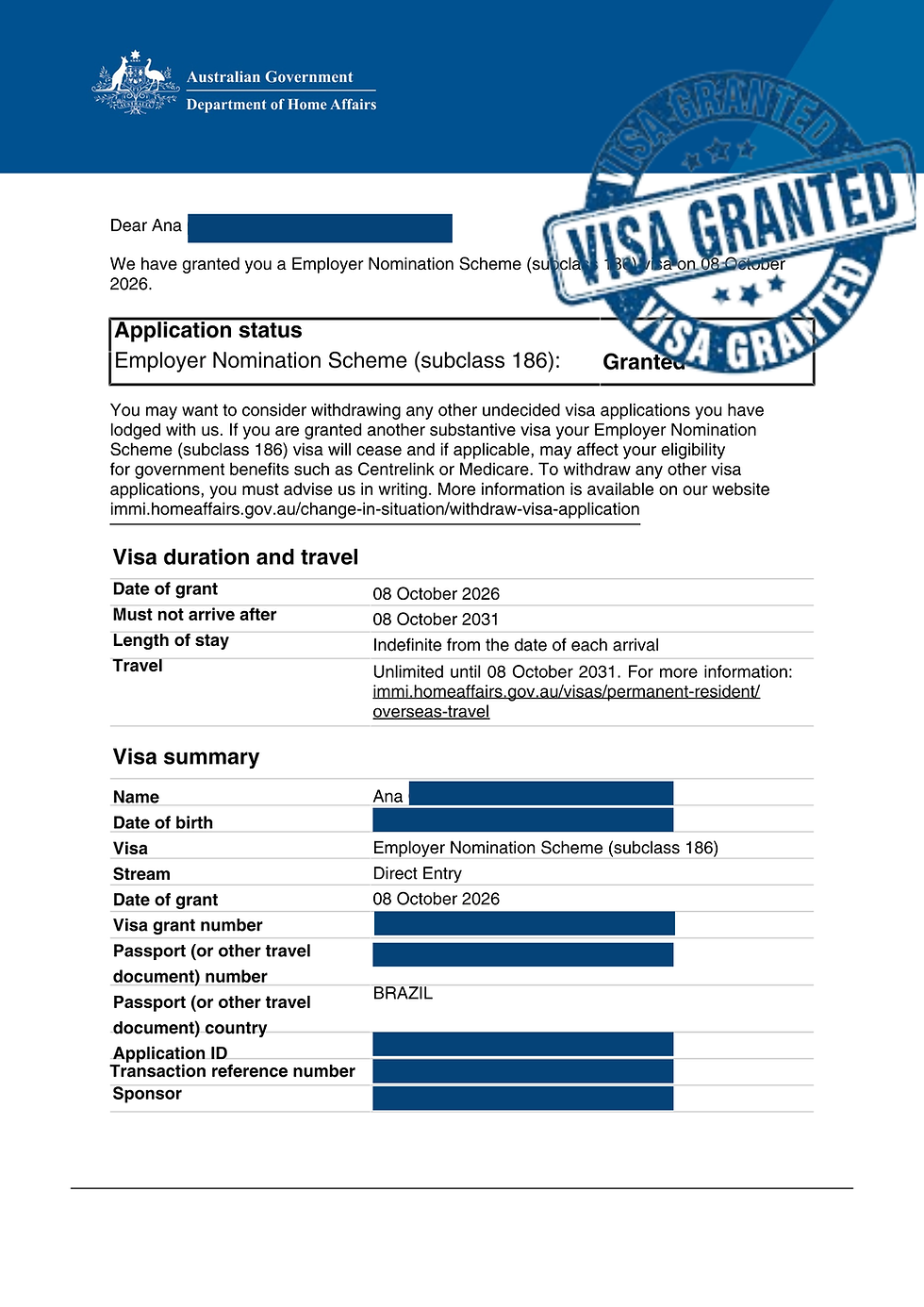 Ana's Employer Nomination Scheme Visa Approved