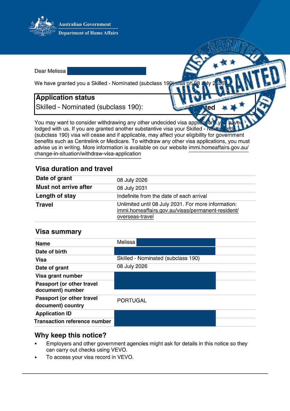 Melissa's Skilled Nominated Visa Approved