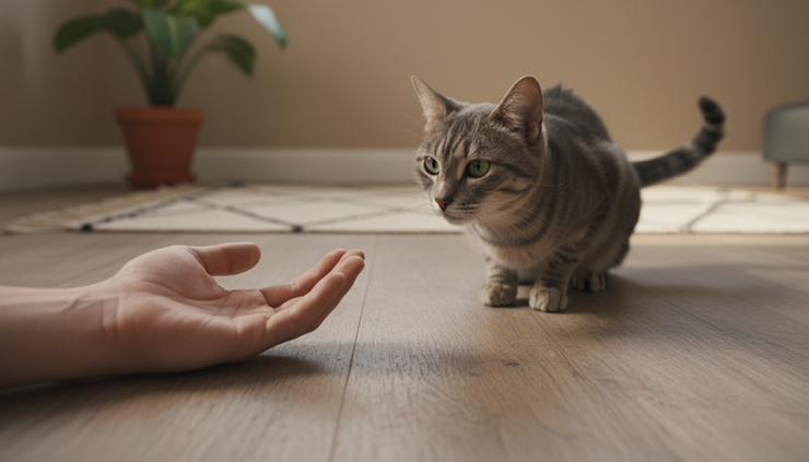 Close-up of a relaxed hand resting near a cat who is watching from a safe distance.