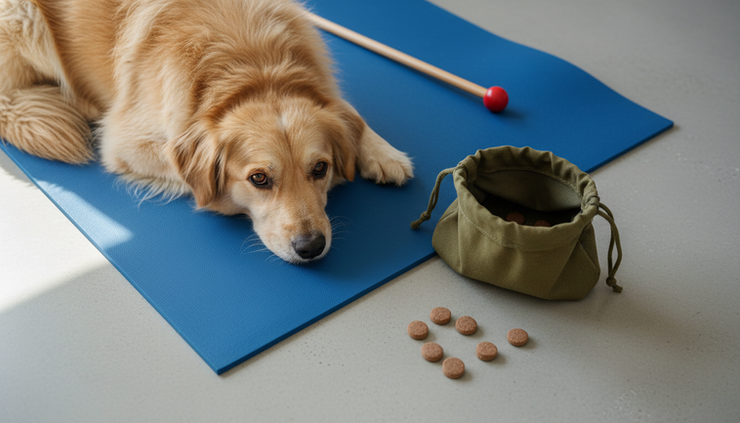 Overhead view of a dog resting on a mat beside a treat pouch and target stick.