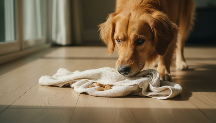 Close-up view of a dog sniffing treats hidden in a rolled towel on a wooden floor